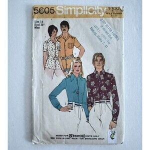 Vintage 70s Simplicity Sewing Pattern 5605 Misses Shirts Size 14 RETRO CUT